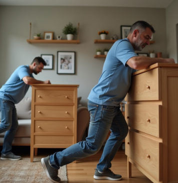Déplacer des meubles lourds: techniques et conseils pour éviter les blessures Homme d'âge moyen poussant un meuble en bois dans un salon