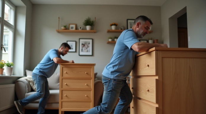 Homme d'âge moyen poussant un meuble en bois dans un salon
