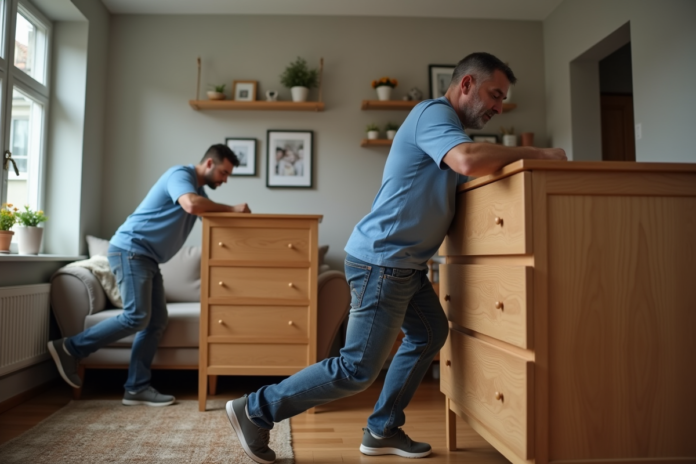 homme-deplacer-meuble-bois Homme d'âge moyen poussant un meuble en bois dans un salon