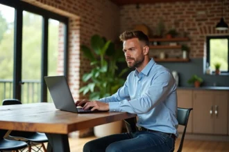 Homme en intérieur effectuant une simulation DPE écologique
