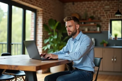 Homme en intérieur effectuant une simulation DPE écologique