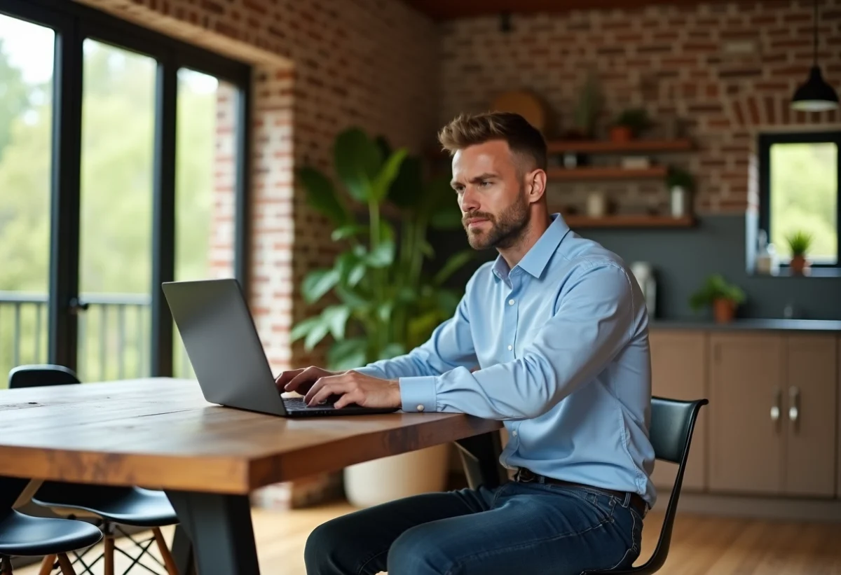 Homme en intérieur effectuant une simulation DPE écologique