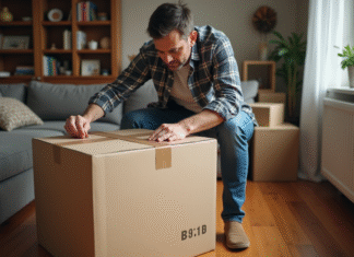 Emballage efficace pour un gros objet : astuces et conseils pratiques Homme d'âge moyen scellant une grande boîte en carton