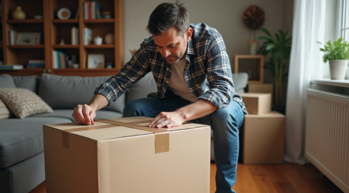 Homme d'âge moyen scellant une grande boîte en carton
