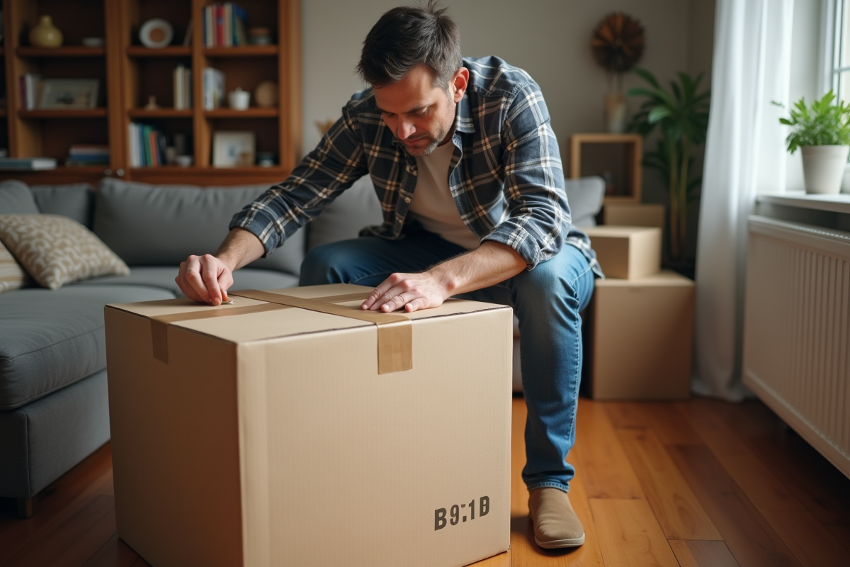 Homme d'âge moyen scellant une grande boîte en carton