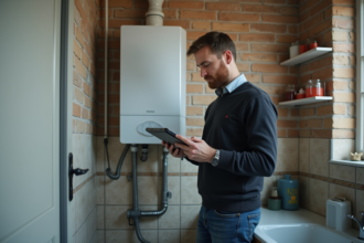 Homme d'âge moyen étudiant un chauffe-eau électrique moderne