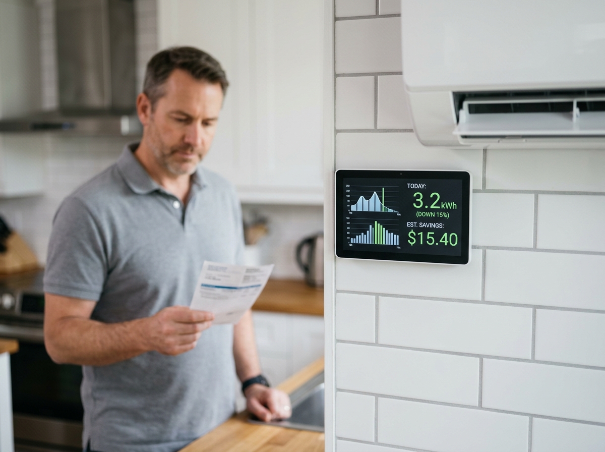 Homme consultant sa facture d'énergie à côté d'un écran de suivi de consommation électrique lié à une pompe à chaleur réversible
