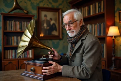 Homme âgé polissant un gramophone ancien dans un bureau vintage