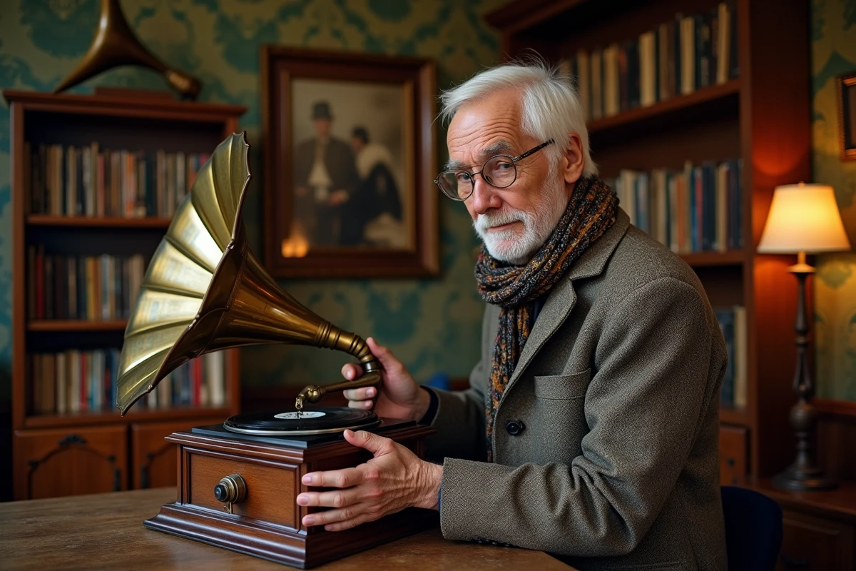 Homme âgé polissant un gramophone ancien dans un bureau vintage