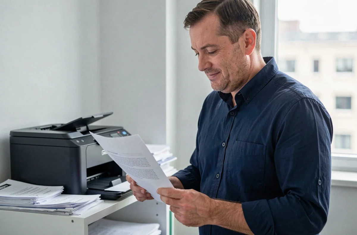 Homme tenant un justificatif de domicile imprimé obtenu gratuitement depuis un service en ligne