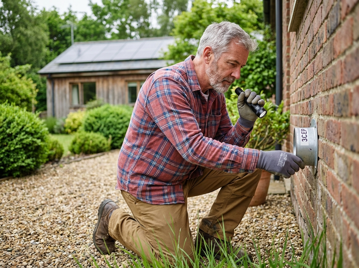 Homme vérifiant un conduit de ventilation extérieur