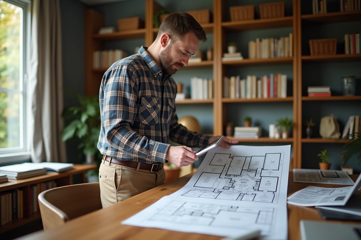 Homme étudiant un plan de maison avec une tablette dans un bureau