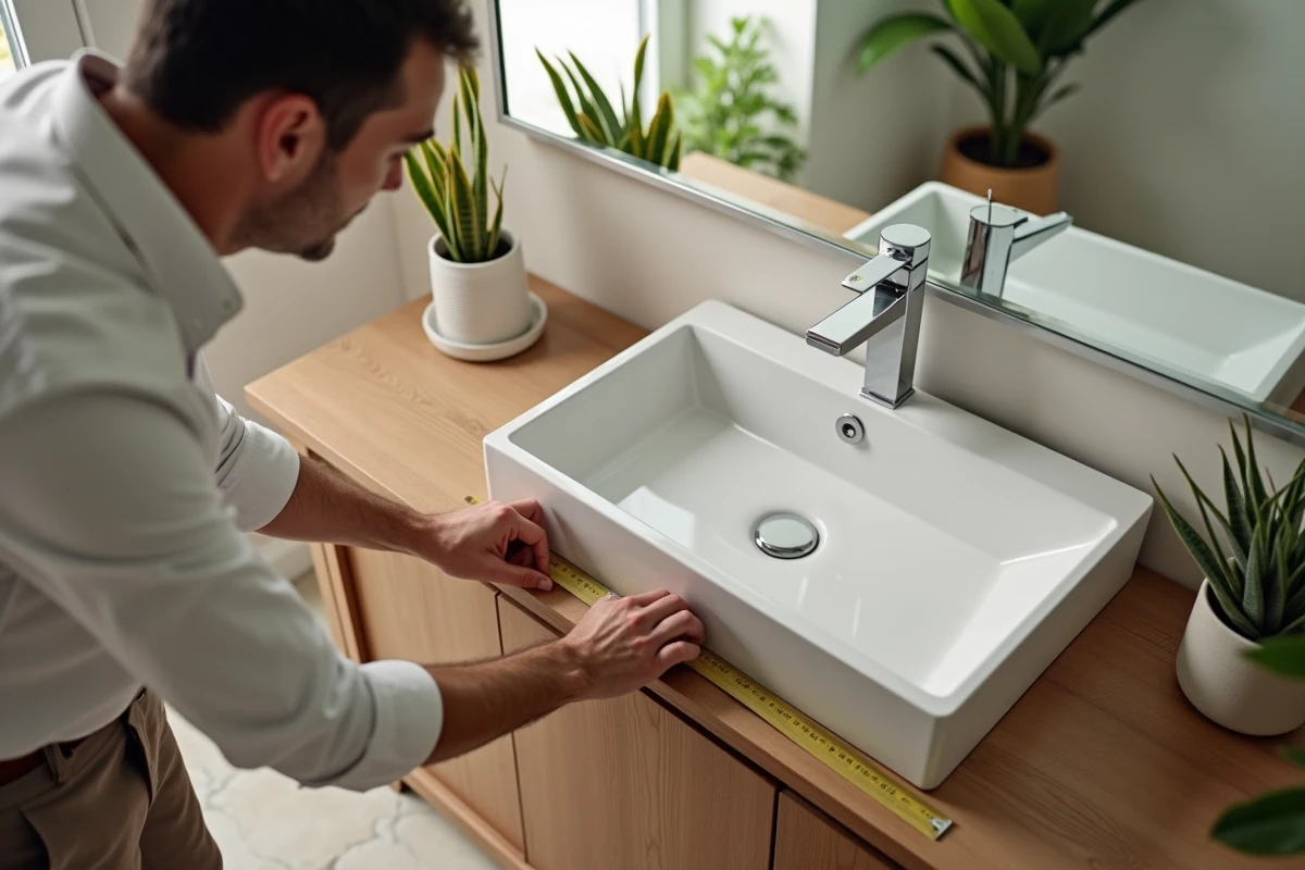 Homme mesure l espace entre lavabo et plan de travail en salle de bain