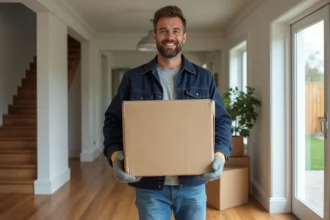 Homme en mouvement portant une boîte dans un foyer moderne