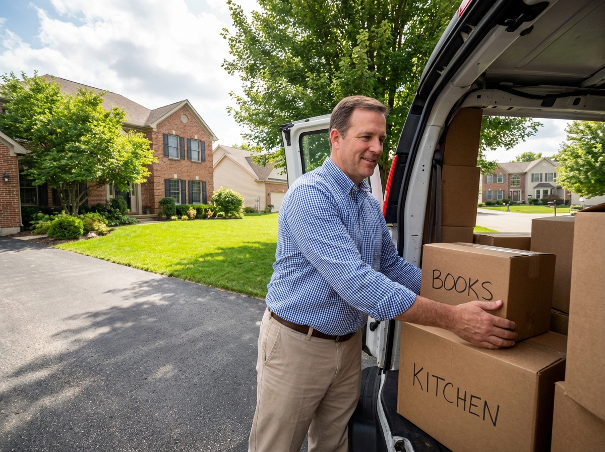Homme organisant des cartons dans le coffre d’un camion de déménagement