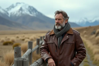 Homme d'âge moyen regardant la Patagonie avec montagnes