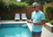 Homme d'âge moyen près d'une piscine extérieure en été