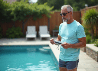 Eau trouble après chlore choc : pourquoi et que faire ? Homme d'âge moyen près d'une piscine extérieure en été