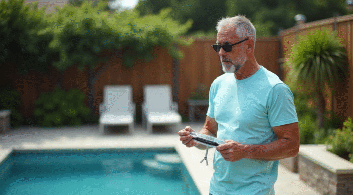 Homme d'âge moyen près d'une piscine extérieure en été