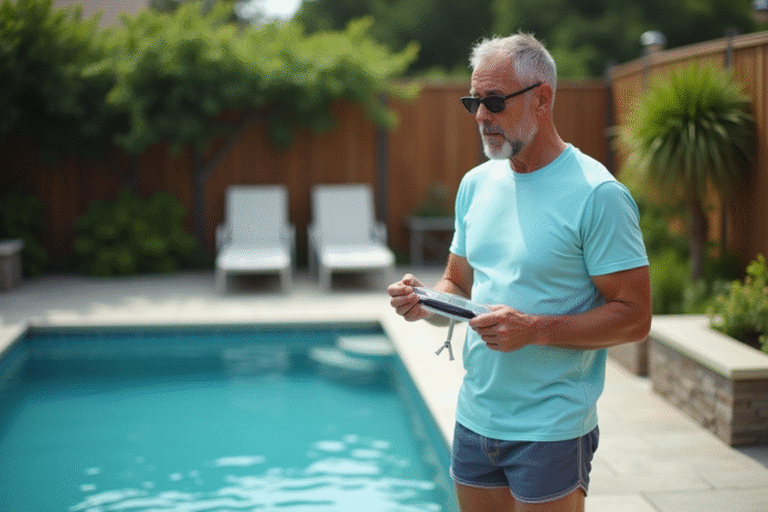 homme-piscine-ete Homme d'âge moyen près d'une piscine extérieure en été