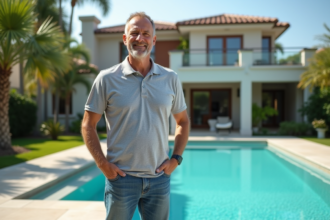 Homme d'âge moyen près d'une piscine dans un jardin urbain