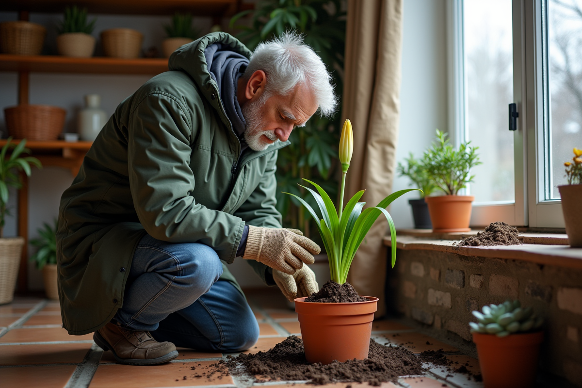 Homme plante un bulbe de lys dans une serre intérieure