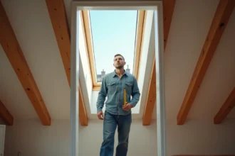 Homme dans la quarantaine sous une fenêtre de toit en rénovation