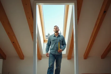 Homme dans la quarantaine sous une fenêtre de toit en rénovation