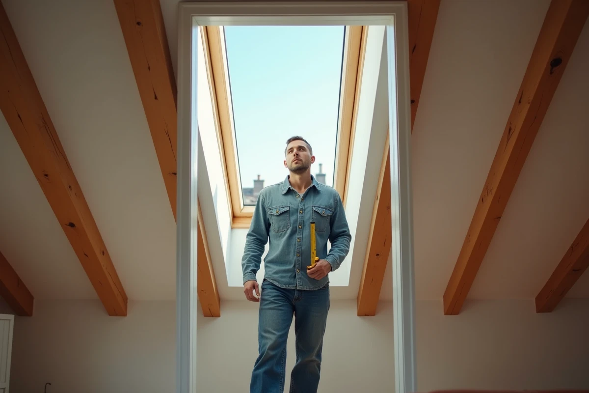 Homme dans la quarantaine sous une fenêtre de toit en rénovation