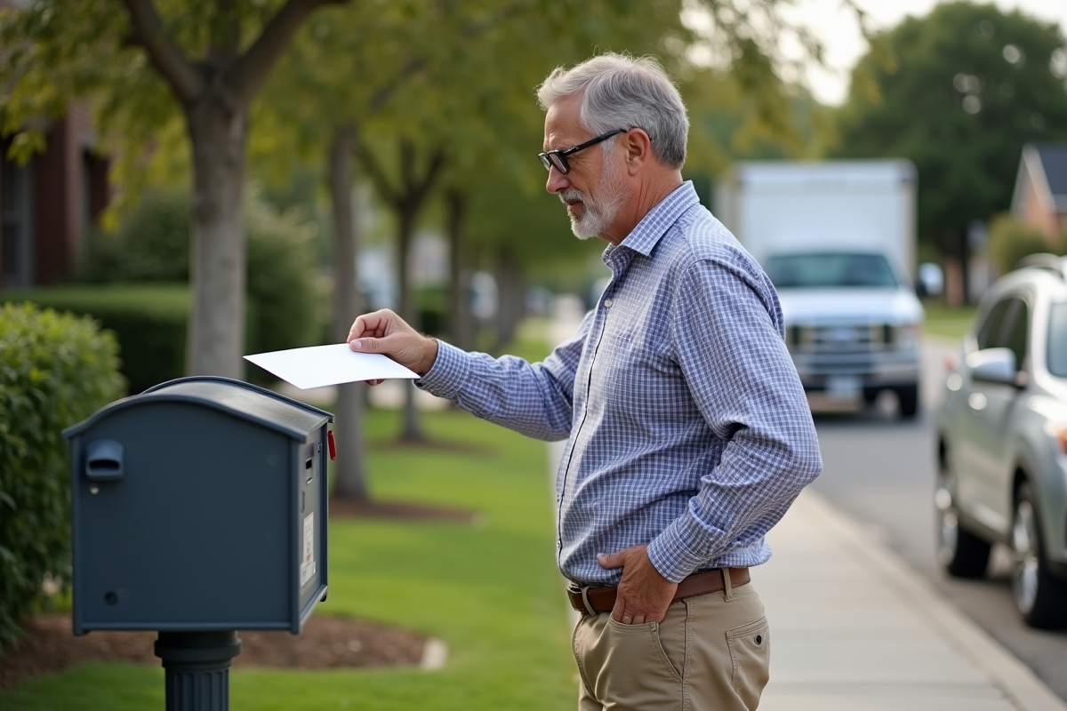 Homme postant une lettre devant une boîte aux lettres dans un quartier