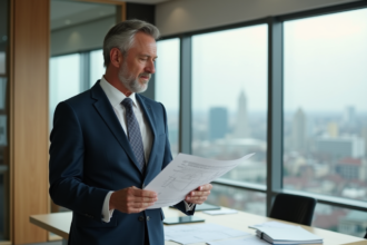 Homme d'affaires regardant des plans dans un bureau moderne