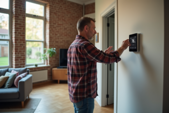 Homme ajustant un thermostat numérique dans un salon moderne