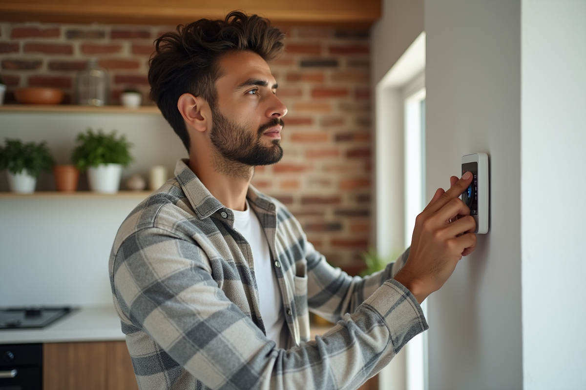 Jeune homme ajustant un thermostat dans une cuisine lumineuse