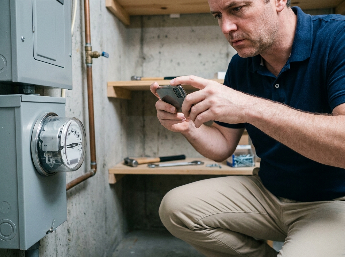 Homme photographiant le relevé de compteur électrique lors d'une prise de possession d'un logement