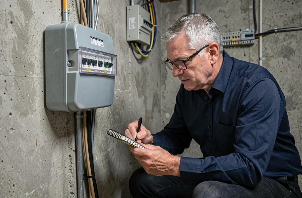 Homme relevant l'index d'un compteur électrique pour suivre sa consommation pièce par pièce