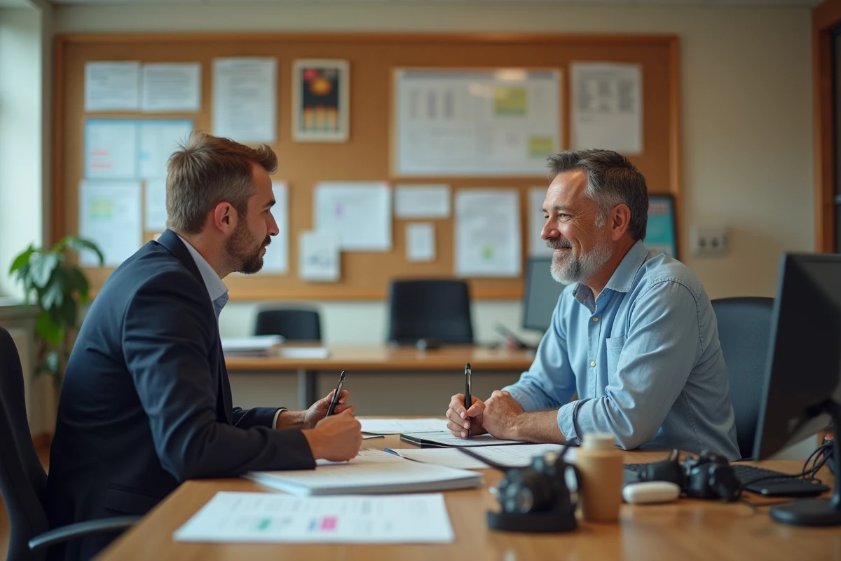 Homme en jeans rencontrant un conseiller dans un bureau officiel