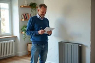 Homme d'âge moyen près d'un chauffage électrique moderne dans un salon lumineux
