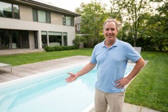 Homme souriant devant une piscine moderne dans un jardin