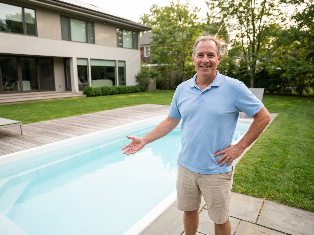Homme souriant devant une piscine moderne dans un jardin