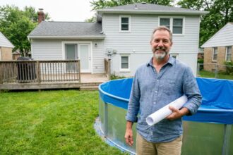 Homme souriant avec plans de piscine dans un jardin