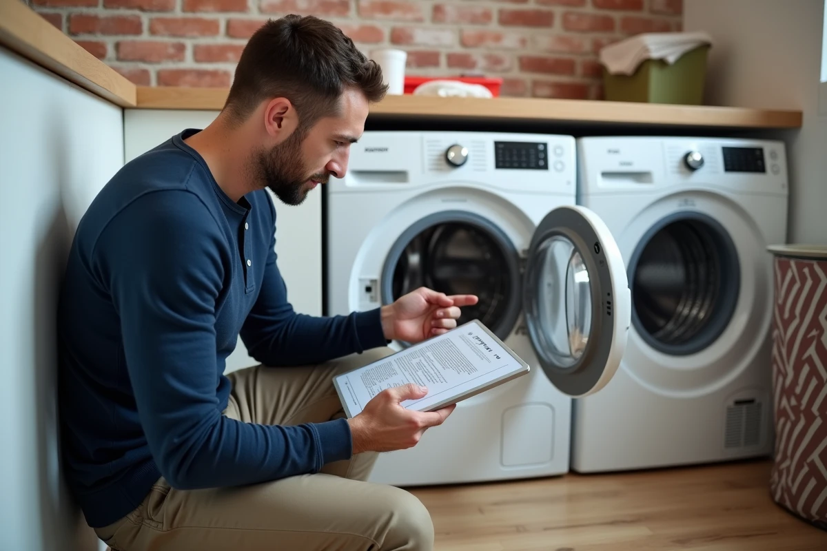 Homme consultant un manuel PDF sur tablette à côté d'un lave-linge Whirlpool ouvert