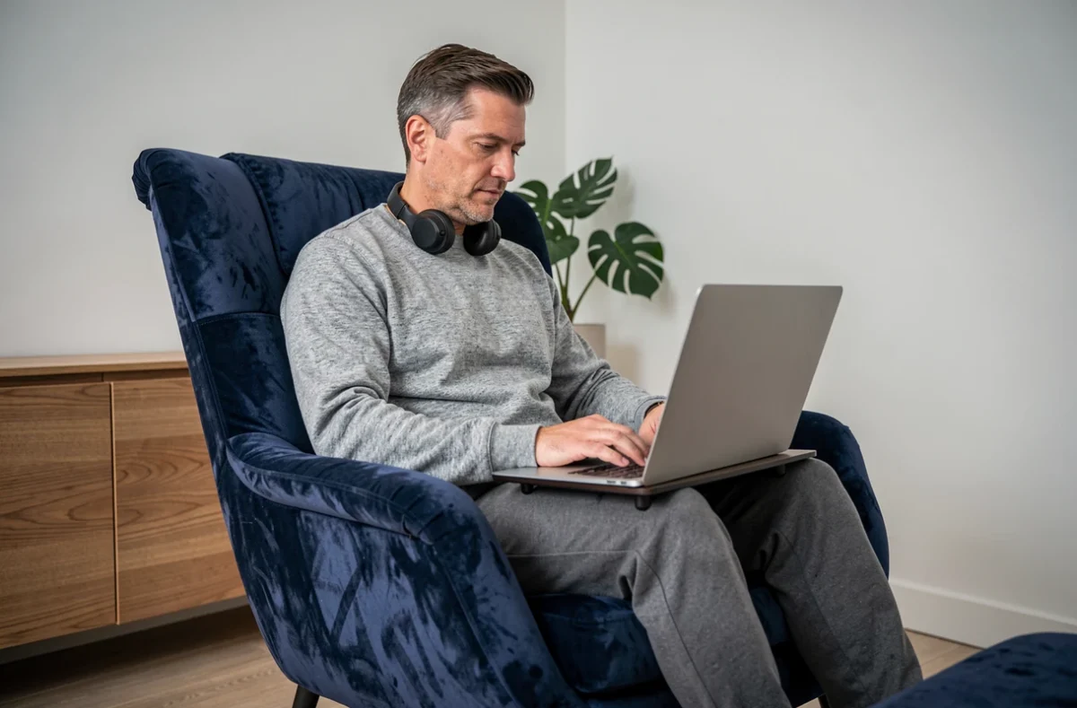 Homme en télétravail sur ordinateur portable installé dans un fauteuil ergonomique en velours bleu marine dans un bureau à domicile