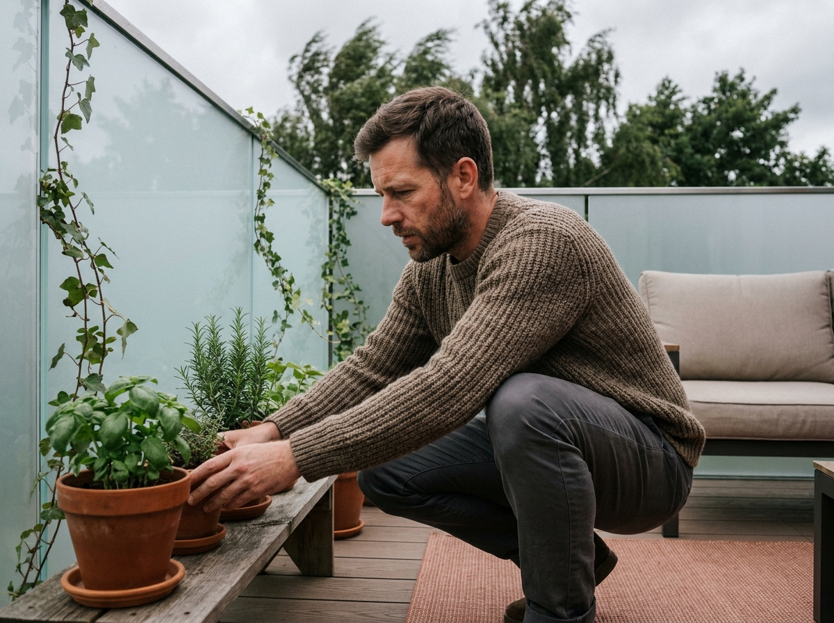 Homme arrangeant des plantes aromatiques sur une terrasse semi-fermée avec pare-vent en verre dépoli par temps venteux