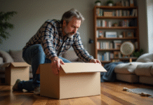 Homme d'âge moyen inspectant un vieux carton dans un salon chaleureux