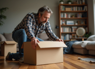 Durée de vie des cartons de déménagement : quel est leur temps de conservation ? Homme d'âge moyen inspectant un vieux carton dans un salon chaleureux