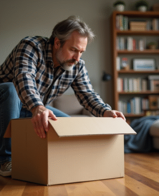 Homme d'âge moyen inspectant un vieux carton dans un salon chaleureux