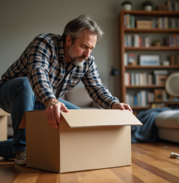 Durée de vie des cartons de déménagement : quel est leur temps de conservation ? Homme d'âge moyen inspectant un vieux carton dans un salon chaleureux