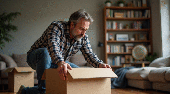 Homme d'âge moyen inspectant un vieux carton dans un salon chaleureux