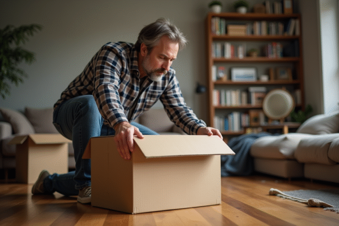 homme-verifiant-carton-vieil Homme d'âge moyen inspectant un vieux carton dans un salon chaleureux