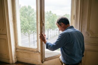 Homme d'âge moyen examine une vieille fenêtre parisienne